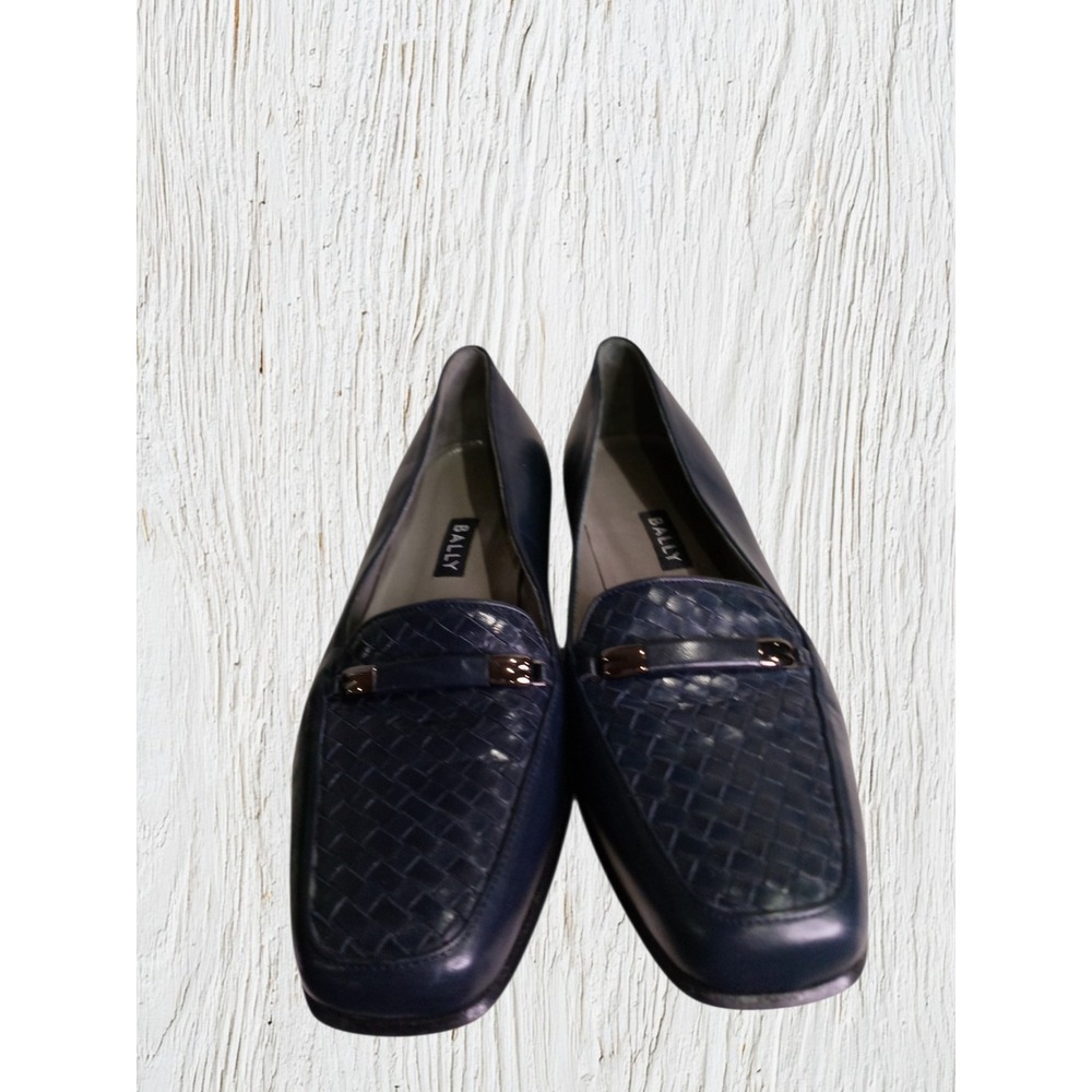Bally Navy Blue Woven Leather Loafers Style Flex Square Toe Block Heel Shoes 5.5 - Picture 5 of 5